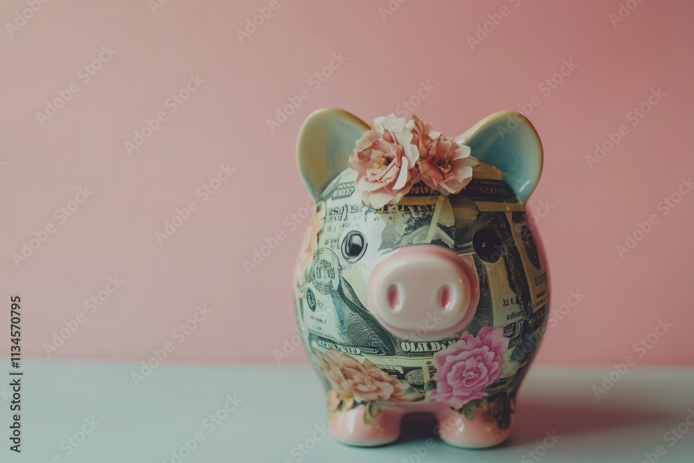 Adorable Piggy Bank Decorated with Floral Accents and Covered in Dollar Bills on a Soft Pink Background Adorable Piggy Bank Decorated with Floral Accents and Covered in Dollar Bills on a Soft Pink Background