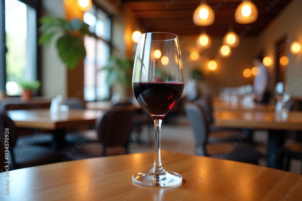 red wine glass sits quiet restaurant lounge area wooden dining red wine glass sits quiet restaurant lounge area wooden dining