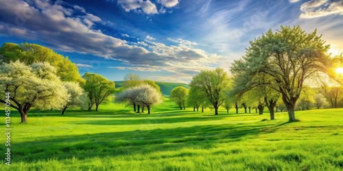 Scenic spring landscape with vibrant green grass and trees, spring, nature, beautiful, landscape, green, grass, trees