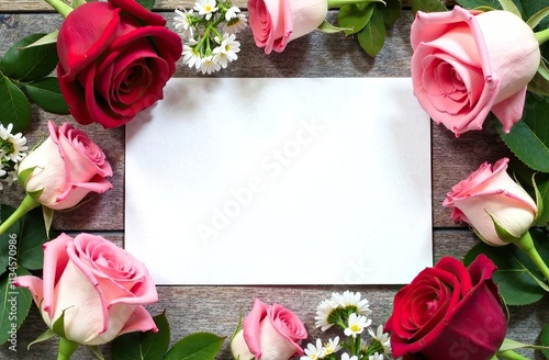 Layout for a flower shop: a blank white card in the center surrounded by red and pink roses and green leaves.