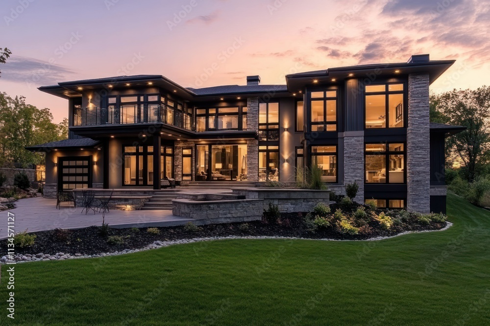 Modern Luxury Home with Expansive Deck and Large Windows Surrounded by Lush Greenery at Sunset, Showcasing Contemporary Architectural Design and Style Modern Luxury Home with Expansive Deck and Large Windows Surrounded by Lush Greenery at Sunset, Showcasing Contemporary Architectural Design and Style