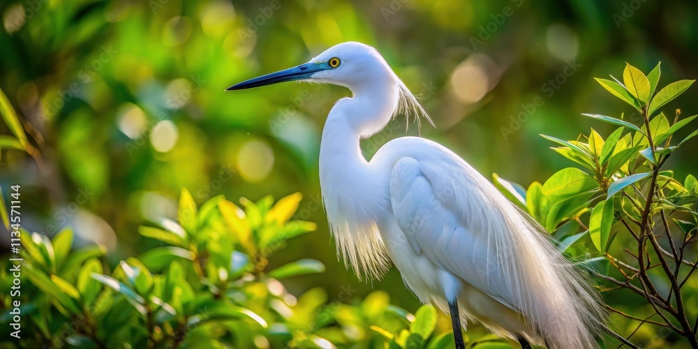 Photograph of a Little Egret in vibrant breeding plumage amidst a lush mangrove forest Photograph of a Little Egret in vibrant breeding plumage amidst a lush mangrove forest