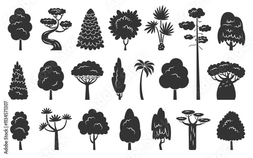 Tree icon set. Stylized eco forest plants side view. Black stamp stencil of aspen alder ash linden acacia chestnut dracaena willow cypress thuja pine oak poplar birch spruce maple baobab palm sequoia