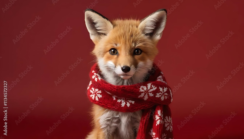 Obraz premium Adorable Red Fox Cub Wearing a Festive Scarf