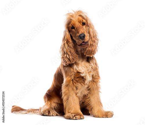 Sitting red English Cocker looking at the camera head tilted, isolated on white