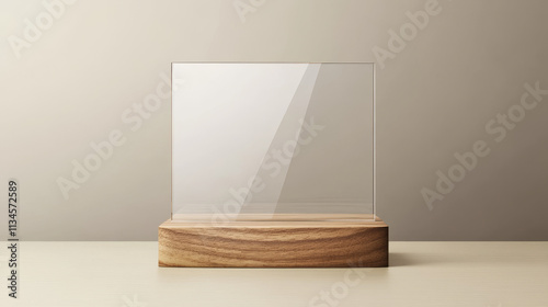 Menu and card stand mockup with wooden base and acrylic display. Rectangular transparent plexiglass table holder. Realistic vector illustration set of plastic desktop office talker template.