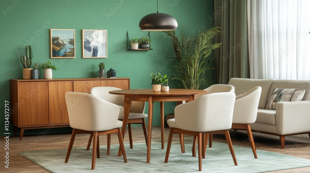 Mint color chairs at round wooden dining table in room with sofa and cabinet near green wall. Scandinavian, mid-century home interior design of modern living room Mint color chairs at round wooden dining table in room with sofa and cabinet near green wall. Scandinavian, mid-century home interior design of modern living room