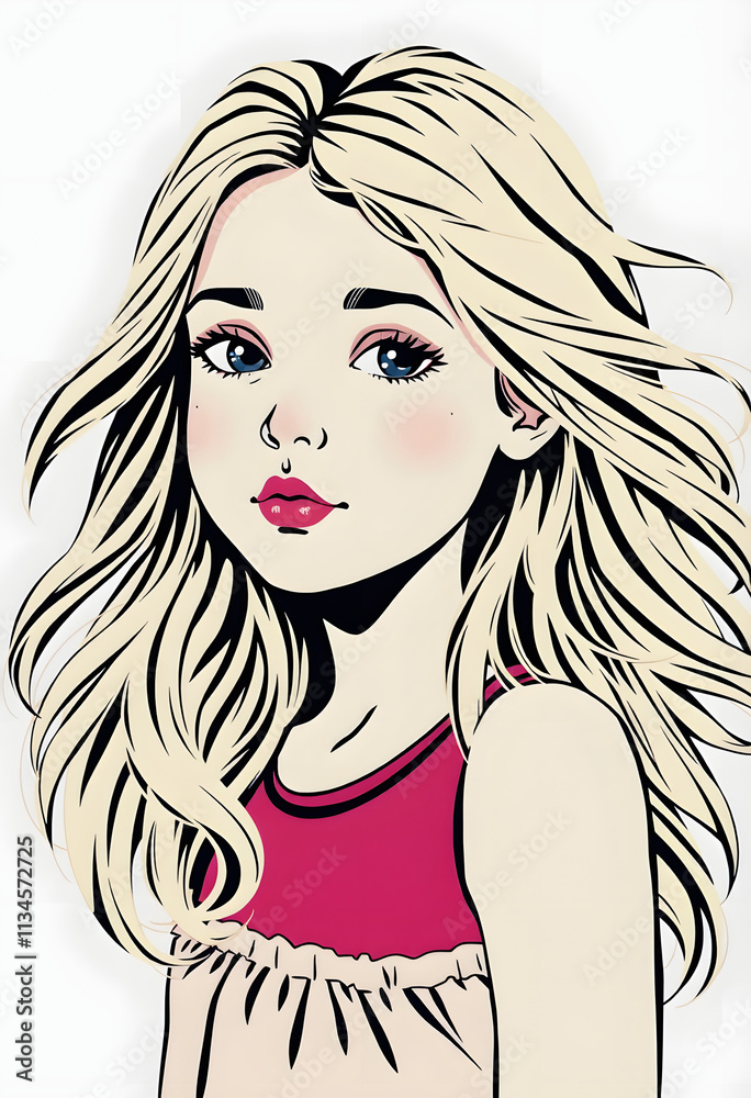 Beautiful young blonde girl with flowing hair, flat papercut style, with white tones Beautiful young blonde girl with flowing hair, flat papercut style, with white tones
