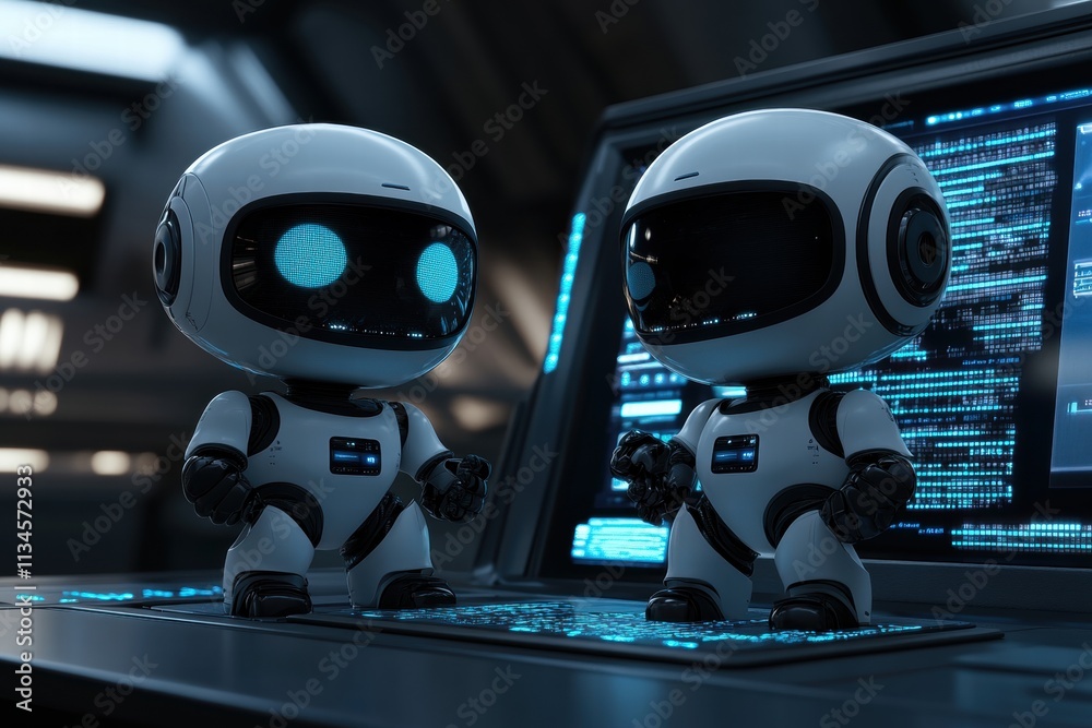 Two Cute Robots Collaborating on Futuristic Interface Two Cute Robots Collaborating on Futuristic Interface