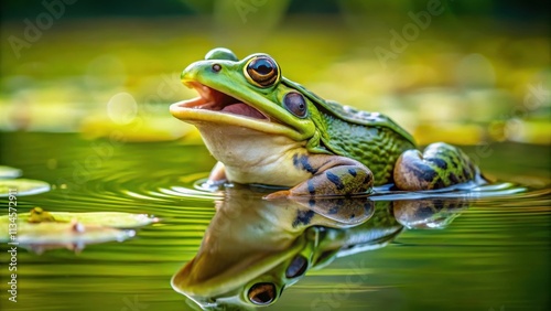 Green lake frog singing in water, frog, green, lake, singing, water, nature, wildlife, amphibian, vocal, croak
