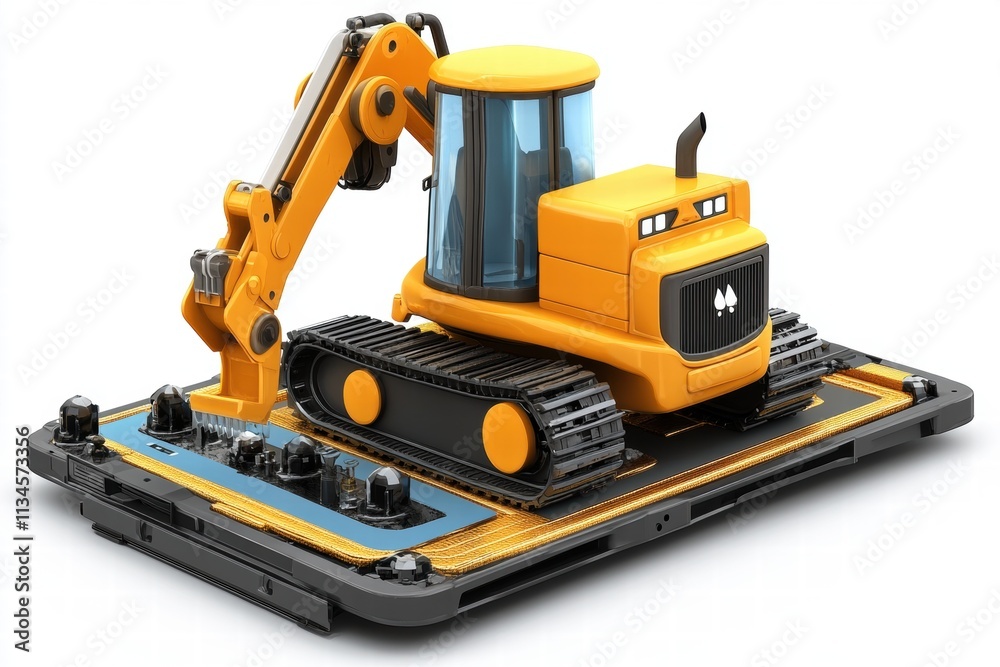 Miniature Excavator on Circuit Board - Technology and Construction Concept Miniature Excavator on Circuit Board - Technology and Construction Concept
