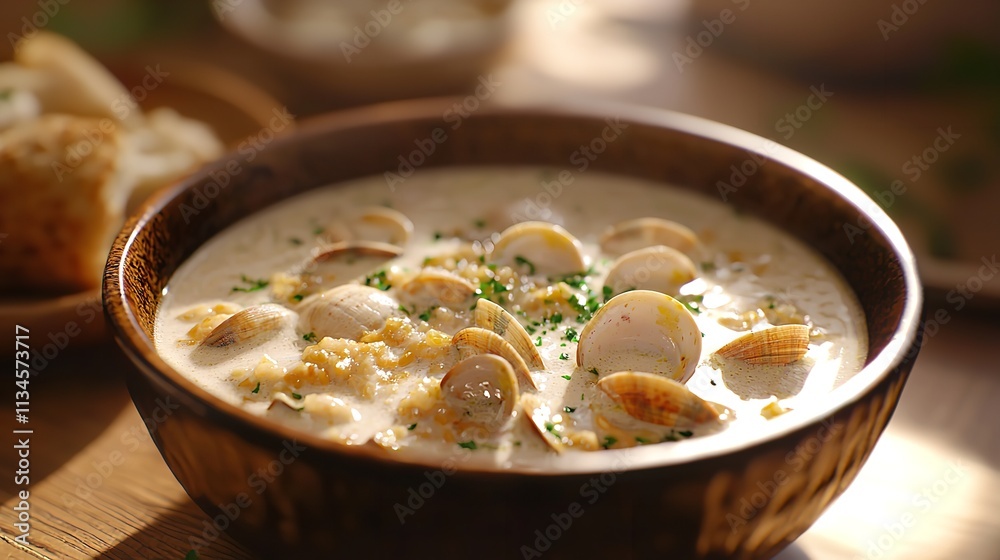 Delicious Clam Chowder in a Brown Bowl Delicious Clam Chowder in a Brown Bowl