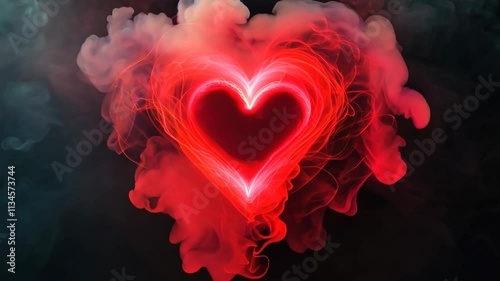 Red heart-shaped smoke against a dark background, romantic and dramatic, love symbolism.