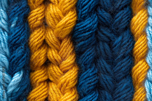 The texture of the hand-knitted fabric made of woolen threads, a variety of patterns. Close-up of multicolored knitting