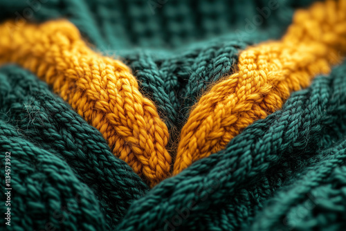 The texture of the hand-knitted fabric made of woolen threads, a variety of patterns. Background large multicolored knitting