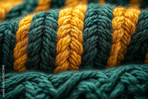 The texture of the hand-knitted fabric made of woolen threads, a variety of patterns. Background large multicolored knitting