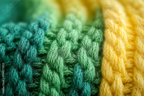 The texture of the hand-knitted fabric made of woolen threads, a variety of patterns. Background large multicolored knitting