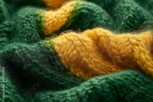 The texture of the hand-knitted fabric made of woolen threads, a variety of patterns. Background large multicolored knitting
