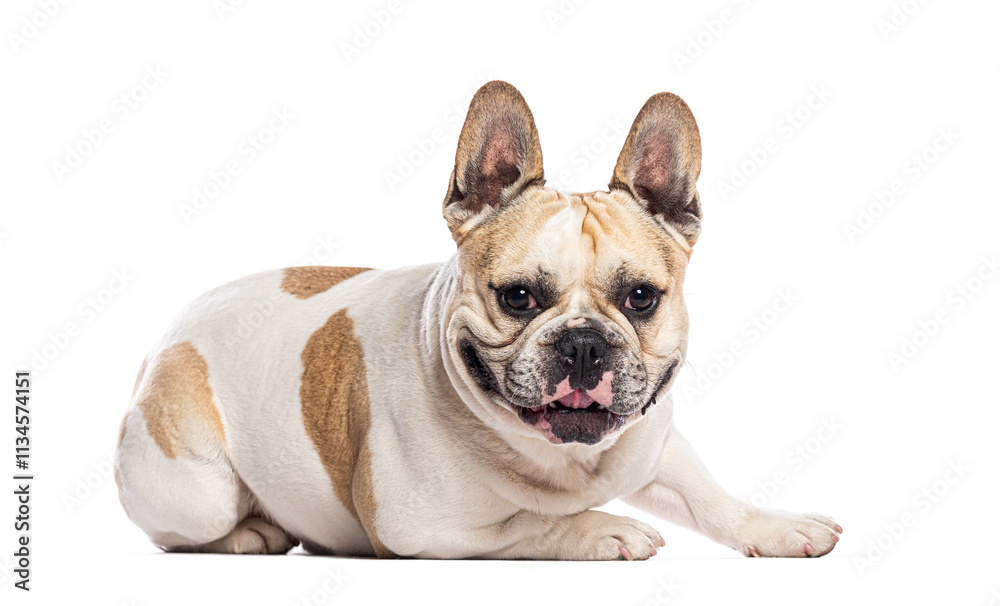 Fototapeta premium French bulldog lying down and panting on white background