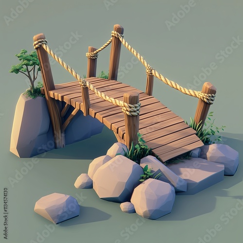 Low poly wooden bridge with rope railings in natural setting design for game development