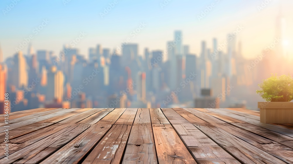 Bright Cityscape View from Wooden Tabletop with Blurred Skyline Background Bright Cityscape View from Wooden Tabletop with Blurred Skyline Background