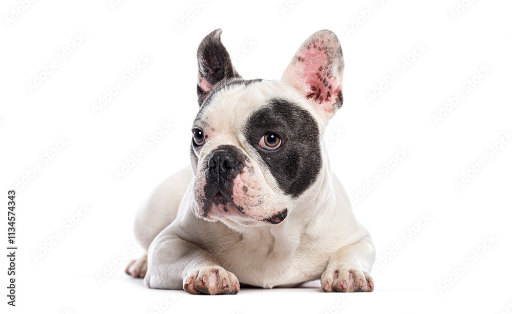 French bulldog lying down and looking away on white background French bulldog lying down and looking away on white background