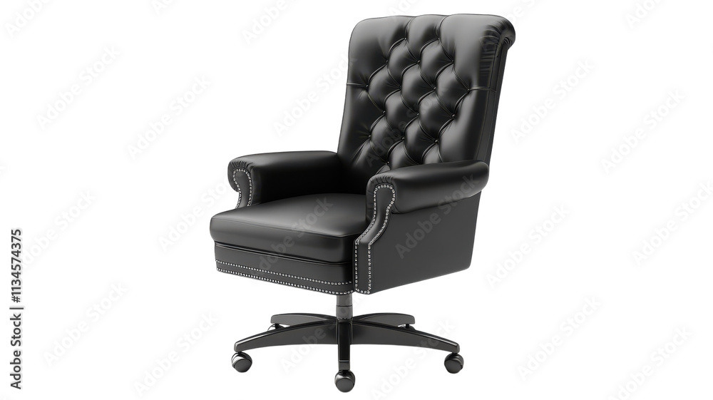 Fototapeta premium Elegant black leather office chair with tufted backrest, designed for comfort and style, ideal for modern workplaces.