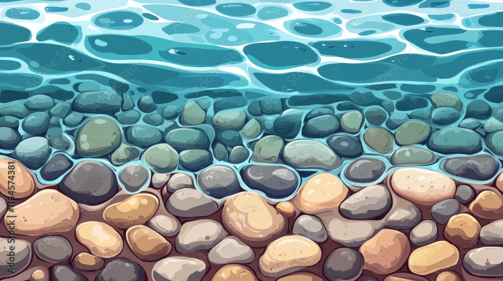 Game textures of water, stones and sand seamless patterns top view ...