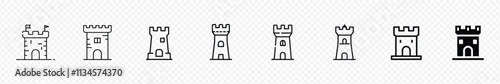 Castle tower icon. Castle tower linear silhouette. Castle icon set. medieval castles icon set. 