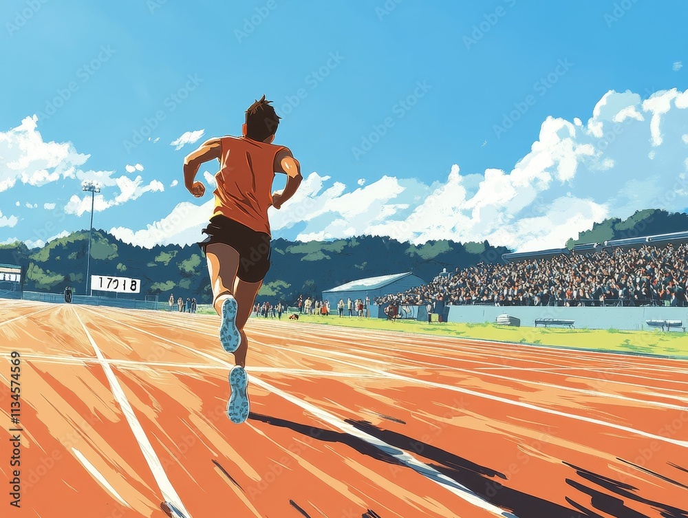 Fototapeta premium Runner sprints track, sunny day, cheering crowd.