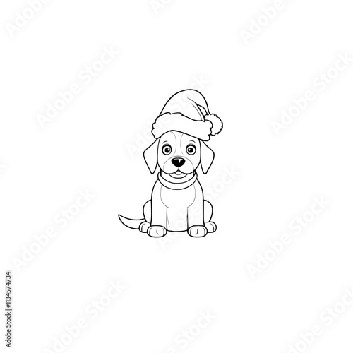 A line drawing of a black and white dog wearing a Santa hat
