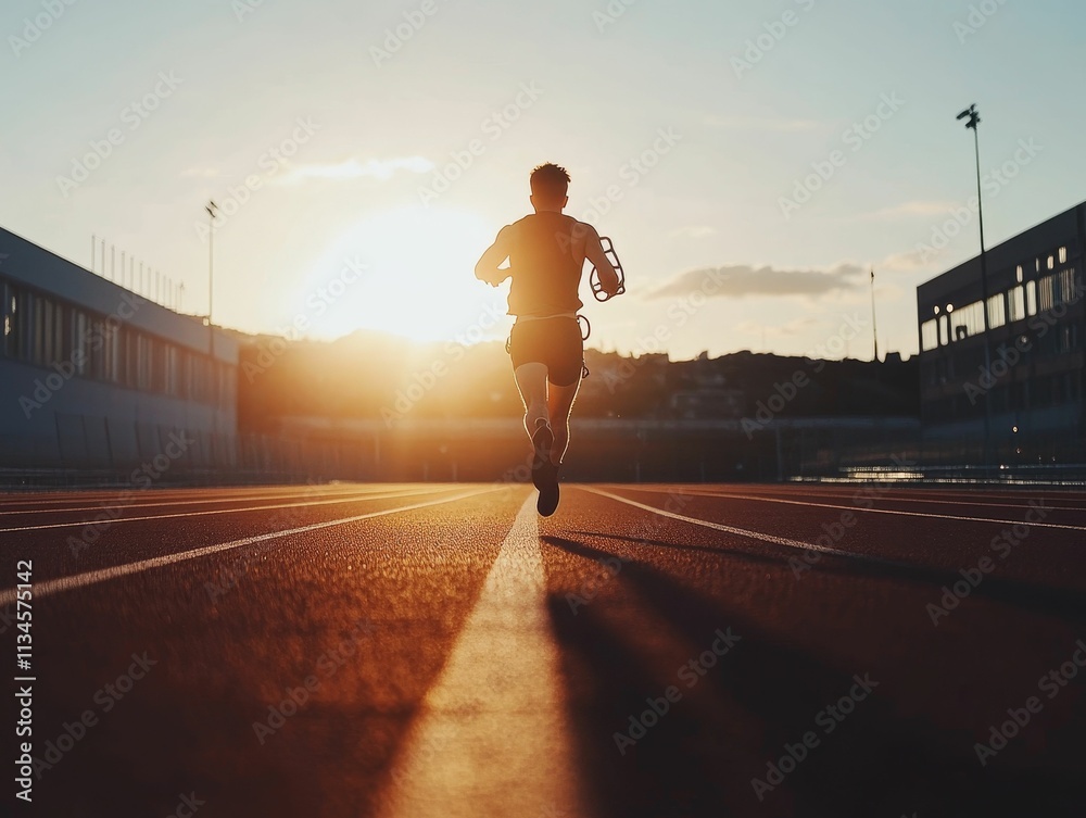 Runner sprints sunset track; silhouette, back view. Runner sprints sunset track; silhouette, back view.