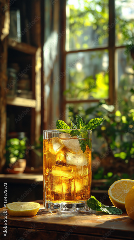 Refreshing Glass of Iced Tea with Mint and Lemon in Rustic Sunlit Setting Refreshing Glass of Iced Tea with Mint and Lemon in Rustic Sunlit Setting