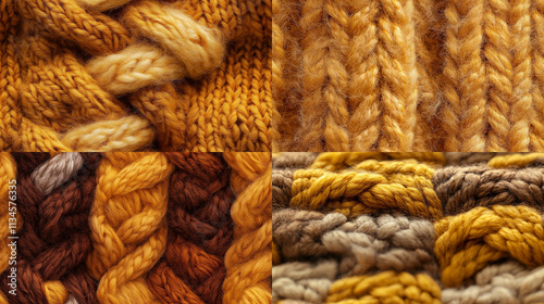 The texture of the hand-knitted fabric made of woolen threads, a variety of patterns. Background large multicolored knitting