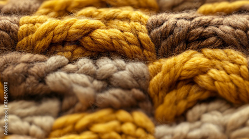 The texture of the hand-knitted fabric made of woolen threads, a variety of patterns. Background large multicolored knitting