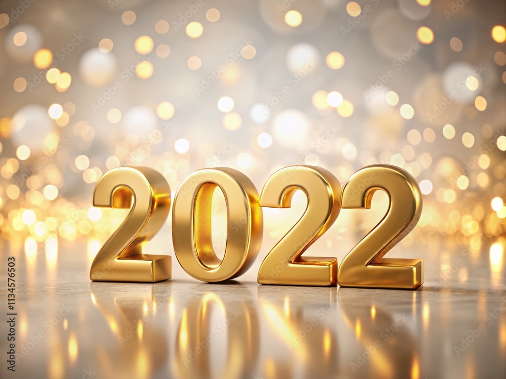 3D Render of Numbers 2022 in Golden New Year Lettering on a White Background with Bokeh Effect, Celebrating the Arrival of the New Year in Style and Elegance