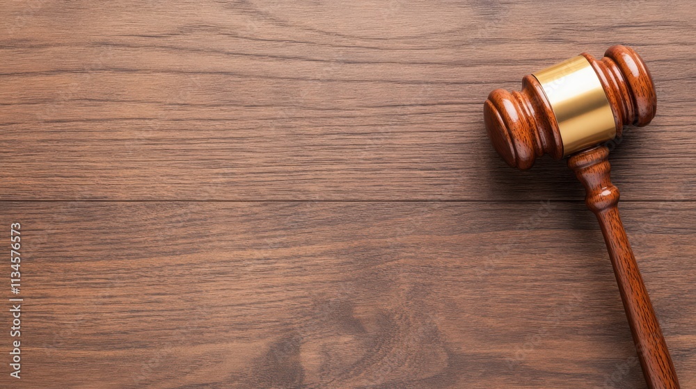 A wooden gavel sits on a wooden surface