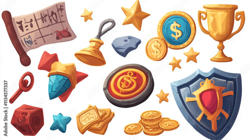 Cartoon set of game awards and props. Vector illustration of ancient calendar, wooden shield, winner medal, bunch of money, golden cup, magnet, golden, silver and bronze coins and stars. Design icons Cartoon set of game awards and props. Vector illustration of ancient calendar, wooden shield, winner medal, bunch of money, golden cup, magnet, golden, silver and bronze coins and stars. Design icons