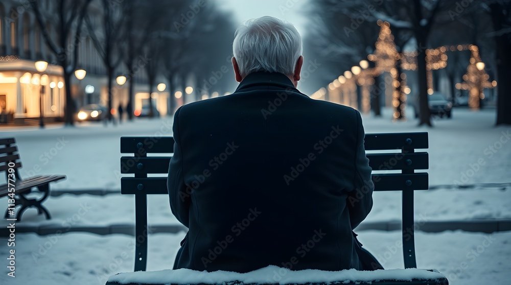 Obraz premium stock photo Vibrant colors and intense weather depict a lonely old man on a park bench. Back view. Christmas Eve snowfall in a city park.