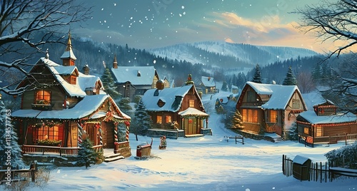 Wallpaper Mural A nostalgic snowy Christmas village rendered in a classic vintage style, complete with holiday details for a festive atmosphere. Created with generative AI technology Torontodigital.ca