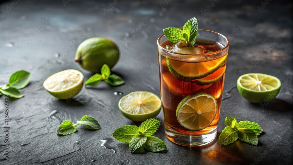 Refreshing black tea with lime juice, garnished with lime slices and fresh mint in a glass , black tea, lime juice, lime slices Refreshing black tea with lime juice, garnished with lime slices and fresh mint in a glass , black tea, lime juice, lime slices
