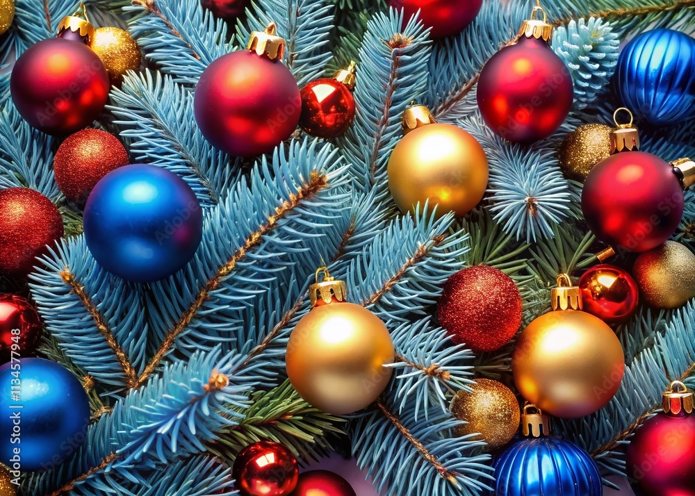 A Beautiful Panoramic View of Vibrant Christmas Ornaments in Red, Blue, and Gold Baubles Nestled Among Lush Blue Pine Branches for Festive Holiday Celebrations A Beautiful Panoramic View of Vibrant Christmas Ornaments in Red, Blue, and Gold Baubles Nestled Among Lush Blue Pine Branches for Festive Holiday Celebrations