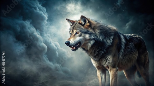 Fierce growling wolf standing in dramatic lighting, wild, predator, aggressive, scary, powerful, wilderness, nature photo