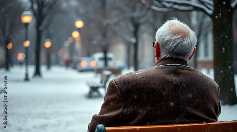 stock photo Vibrant colors and intense weather depict a lonely old man on a park bench. Back view. Christmas Eve snowfall in a city park. stock photo Vibrant colors and intense weather depict a lonely old man on a park bench. Back view. Christmas Eve snowfall in a city park.