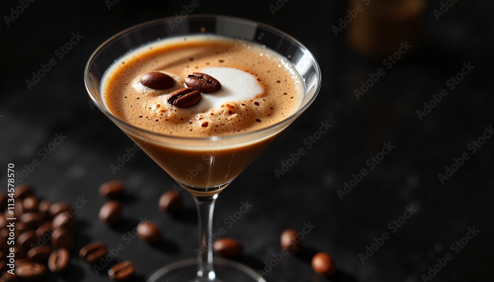 Espresso Martini cocktail with coffee beans on black background