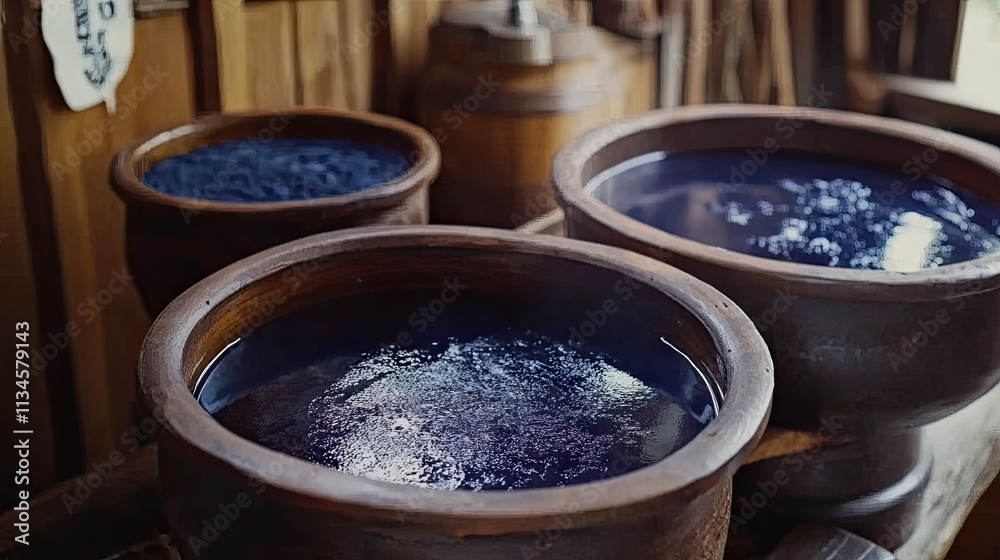 Traditional Dyeing Technique with Natural Blue Indigo in Wooden Bowls