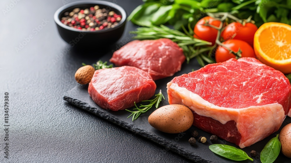 A black counter top with a variety of meats and vegetables A black counter top with a variety of meats and vegetables