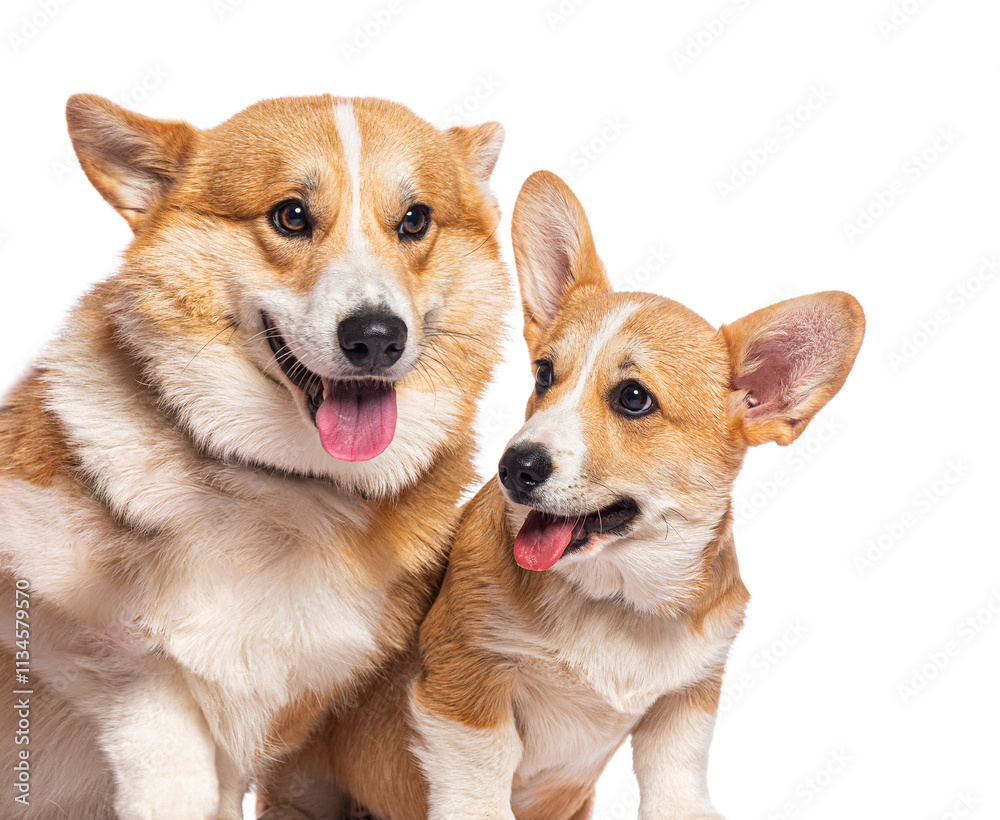 Welsh corgi pembroke adult and puppy panting on white background Welsh corgi pembroke adult and puppy panting on white background
