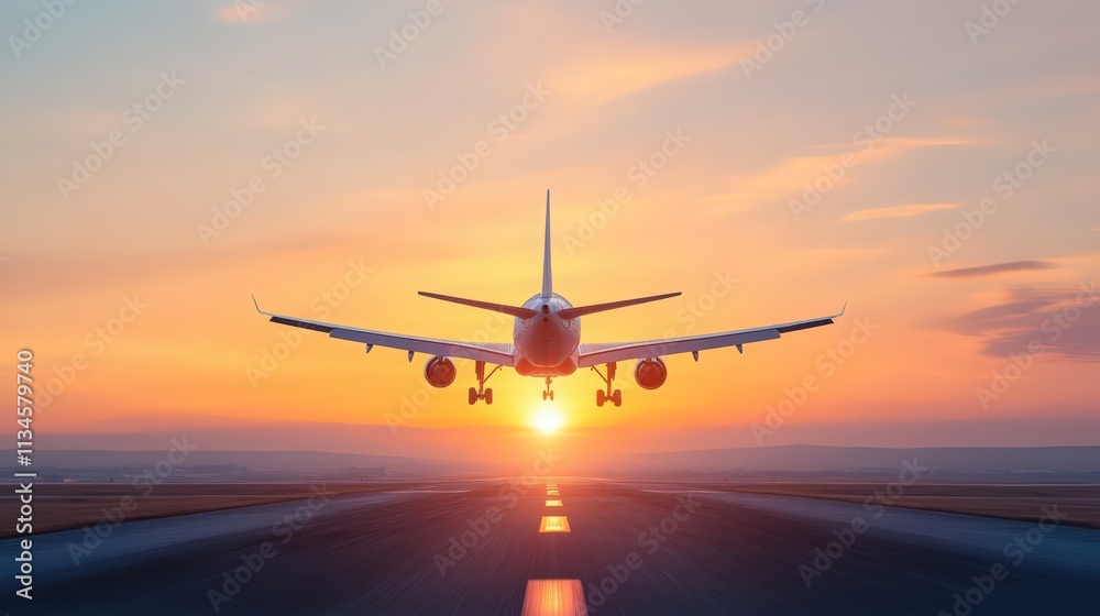 A white airplane is flying through a sunset sky A white airplane is flying through a sunset sky