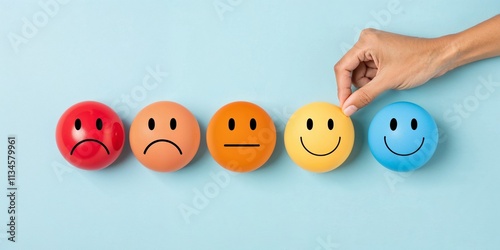 Hand arranging colorful emotion balls on blue background